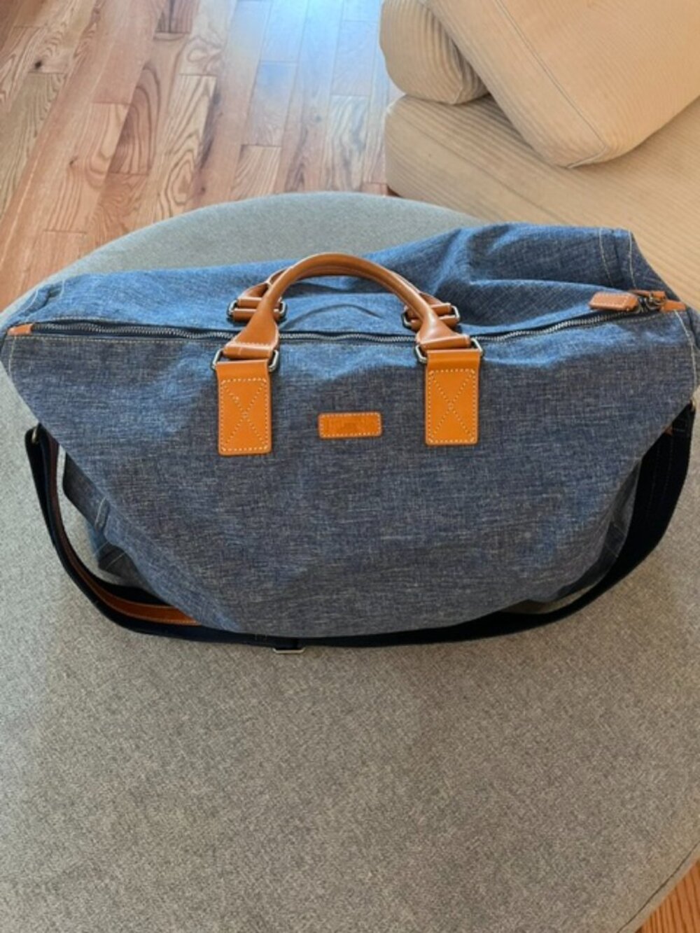 J.McLaughlin chambray and leather weekender tote